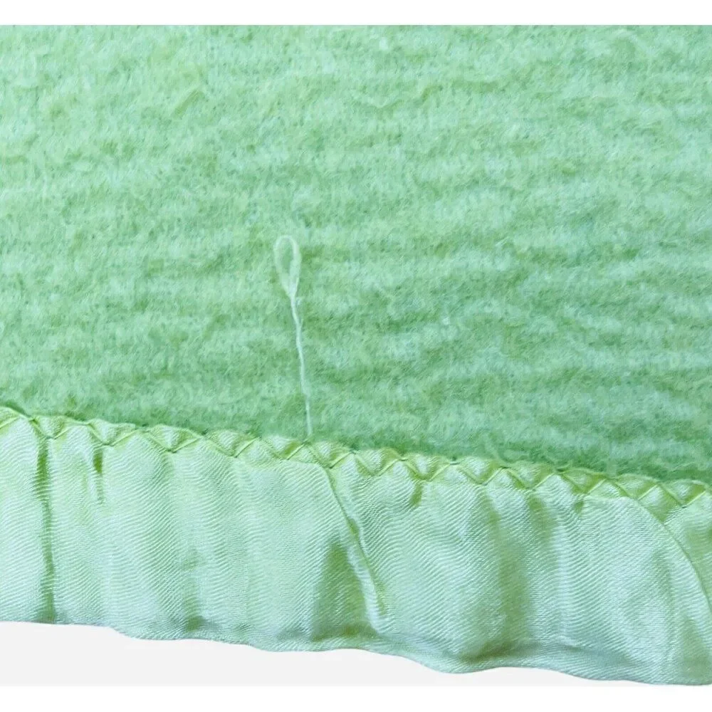 Vintage Light Green Satin Edge Blanket 80 x 66 Unique Color Bed Throw Warm Cozy